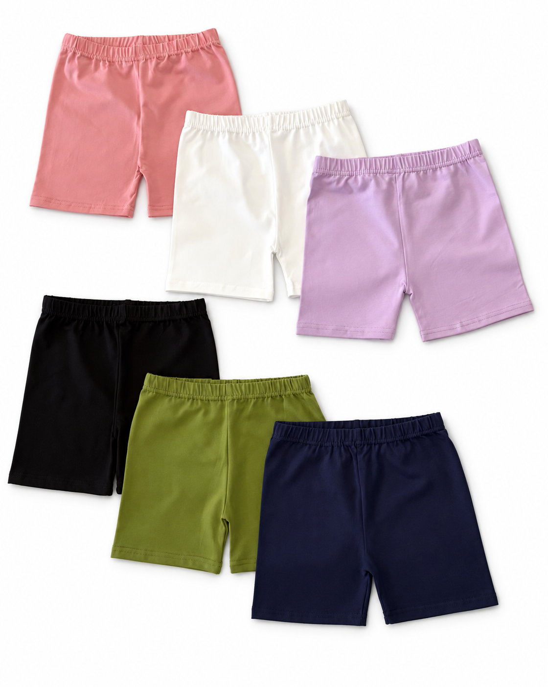 Dolce Luna fitted everyday shorts in pink, ivory, lavender, black, olive and navy on a pure white background